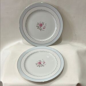 Regency White Blue Silver Trim Pink Floral Rose Set 2 Dinnerware Plate 10 1/4 In